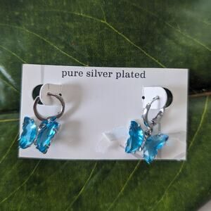NEW Pure Silver Plated Blue Crystal Butterfly Earrings